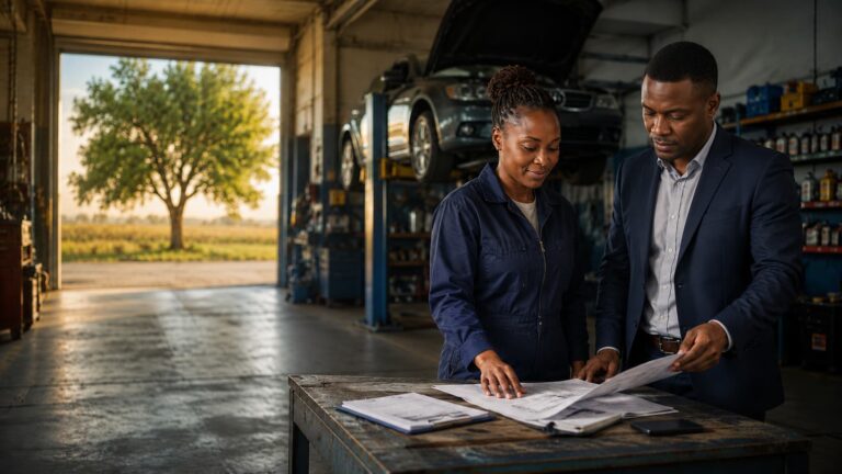 Black South African business owner and finance professional reviewing expansion plans inside an automotive workshop.